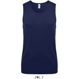 A navy blue men's singlet made of 100% breathable polyester with a logo on the label.