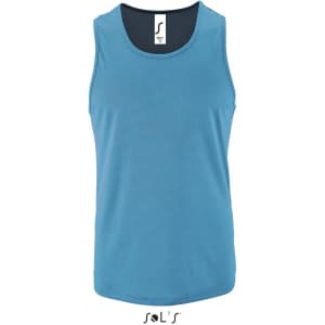 A men's tank top made from 100% breathable polyester in a vibrant blue colour, featuring a logo.