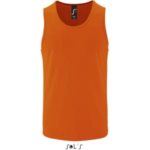 An orange men's singlet/tank top made of 100% breathable polyester, featuring a logo on the neckline.