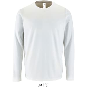 A long-sleeved men's T-shirt in white, made from 100% semi-combed ring-spun cotton, featuring a logo.