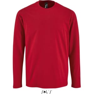 A long-sleeved men's T-shirt in vibrant red, made from 100% semi-combed ring spun cotton. It features a logo.
