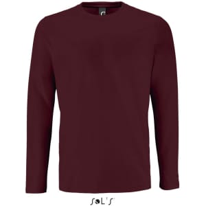 A maroon long-sleeve men's T-shirt made from 100% semi-combed ring-spun cotton, featuring a logo.