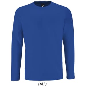 A long-sleeved men's T-shirt in blue, made from 100% semi-combed ring-spun cotton, featuring a logo.