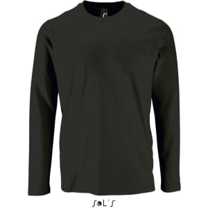 A black long-sleeved men's T-shirt made from 100% semi-combed ring-spun cotton, featuring a logo.