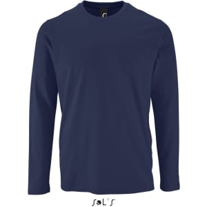 A navy long-sleeved men's T-shirt made from 100% semi-combed ring spun cotton, featuring a logo.