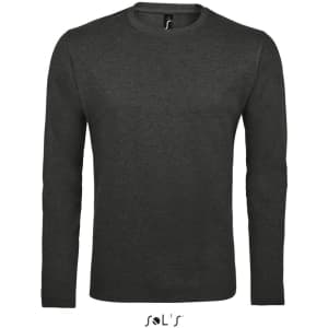 A long-sleeved men's T-shirt in dark grey, made from 100% semi-combed ring spun cotton, featuring a logo.