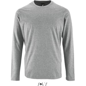 A long-sleeved men's T-shirt in grey, made from 100% semi-combed ring-spun cotton, featuring a logo.