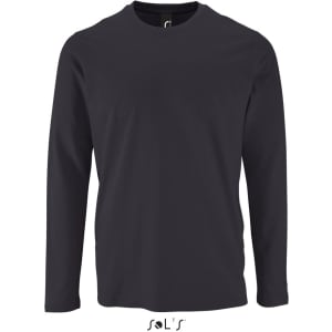 A long-sleeved men's T-shirt in dark navy, made from 100% semi-combed ring-spun cotton, featuring a logo.