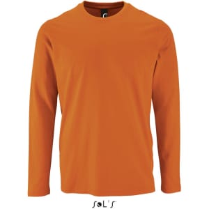 An orange long-sleeved men's T-shirt made from 100% semi-combed ring-spun cotton. It has a logo on the collar.