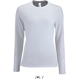 A long sleeve women's T-shirt in white, made from 100% semi combed ring spun cotton. It has a logo at the bottom.