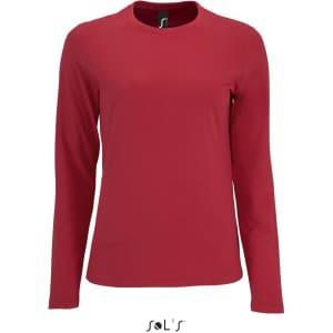 A long sleeve women's T-shirt in red, made from 100% semi-combed ring spun cotton, featuring a logo.
