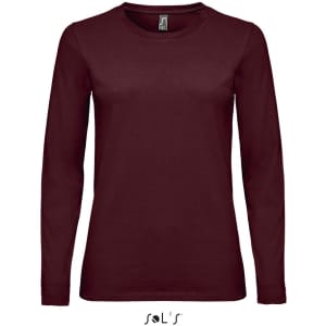 A long sleeve women's T-shirt in burgundy, made from 100% semi-combed ring spun cotton, featuring a logo.
