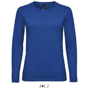 A long sleeve women's T-shirt in a vibrant blue, made from 100% semi-combed ring spun cotton, with a logo.