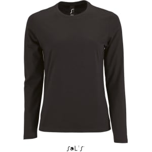 A long sleeve women's T-shirt in black, made of 100% semi combed ring spun cotton, featuring a logo.