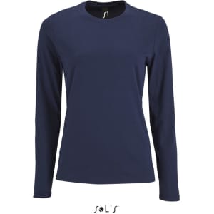 A long sleeve women's T-shirt in navy blue, made from 100% semi combed ring spun cotton, featuring a logo.