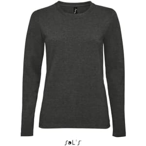 A women's long sleeve T-shirt in dark grey, made from 100% semi-combed ring spun cotton, featuring a logo.