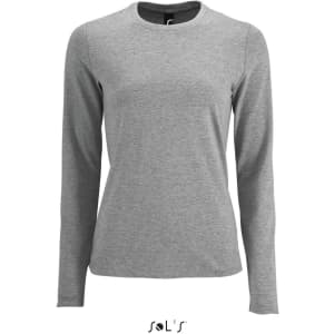 A long sleeve women's T-shirt in grey, made from 100% semi-combed ring spun cotton, featuring a logo.