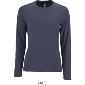 A long sleeve women's T-shirt in navy blue, made from 100% semi-combed ring spun cotton, featuring a brand logo.