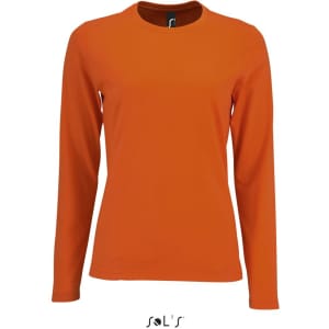 A long-sleeve women's T-shirt in bright orange, made of 100% semi-combed ring-spun cotton, featuring a logo.