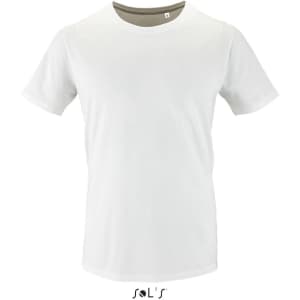 A white men's T-shirt made from 100% organically grown cotton, featuring a logo on the label.