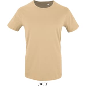 A men's T-shirt made of 100% organically grown cotton in a light beige colour, featuring a logo at the bottom.