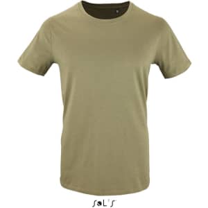 A men's T-shirt made from 100% organically grown cotton in a khaki colour, featuring a brand logo.