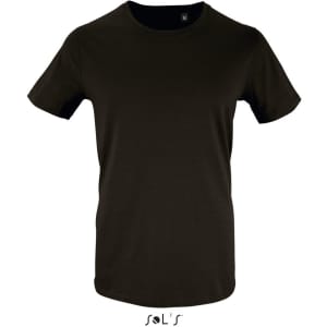 A dark brown men's T-shirt made from 100% organically grown cotton, featuring a logo on the front.