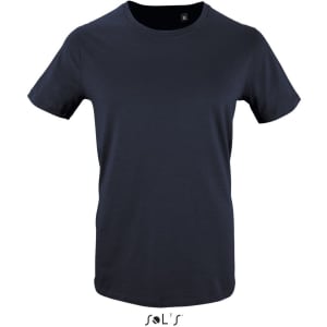 A navy blue men's T-shirt made from 100% organically grown cotton, featuring a brand logo.