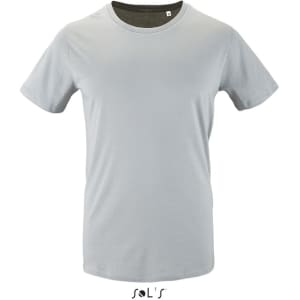 A light grey men's T-shirt made of 100% organically grown cotton, featuring a simple design and a logo.