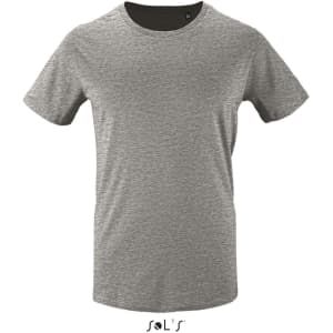 A grey T-shirt made from 100% organically grown cotton, featuring a logo at the bottom.