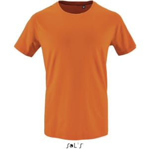 An orange T-shirt made from 100% organically grown cotton, featuring a simple design and a logo.