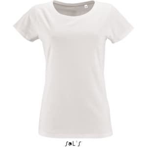 A women's T-shirt made from 100% organically grown cotton in white, featuring a logo at the bottom.