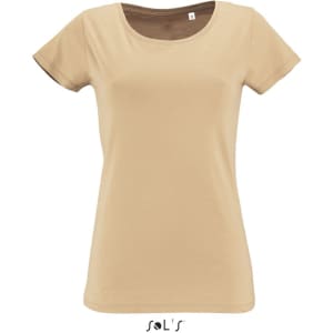 A short-sleeved women's T-shirt in a light beige colour made from 100% organically grown cotton. It has a logo at the bottom.