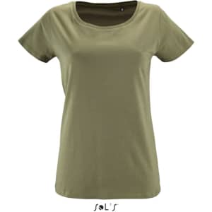 A women's T-shirt in olive green, made from 100% organically grown cotton, featuring a branding logo.