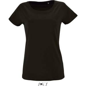 A black women's T-shirt made from 100% organically grown cotton, featuring a round neckline and short sleeves.
