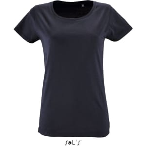 A women's T-shirt in dark navy, made from 100% organically grown cotton, featuring a logo at the bottom.