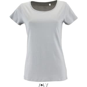 A grey women's T-shirt made from 100% organically grown cotton, featuring a rounded neckline and short sleeves.