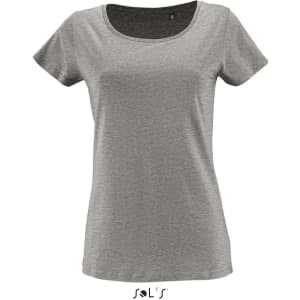 A women's T-shirt made of 100% organically grown cotton in a grey hue, featuring a round neckline and short sleeves.