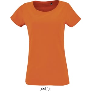 An orange women's T-shirt made from 100% organically grown cotton, featuring a logo.