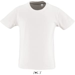 A white round neck T-shirt made of 100% organically grown cotton, featuring a logo on the inside label.