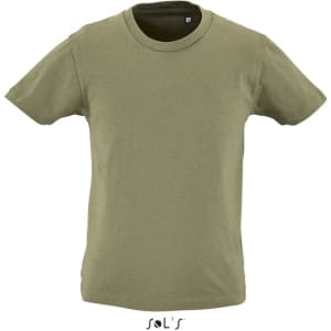 A round-neck T-shirt for kids in olive green, made from 100% organically grown cotton. Features a logo.