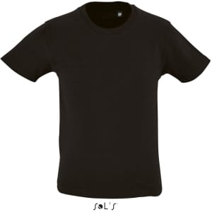A black round neck T-shirt made from 100% organically grown cotton, suitable for kids. Features branding.