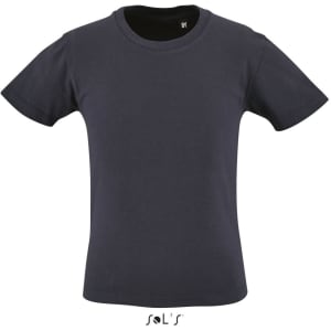 A navy round neck T-shirt for kids, made from 100% organically grown cotton, featuring a logo.