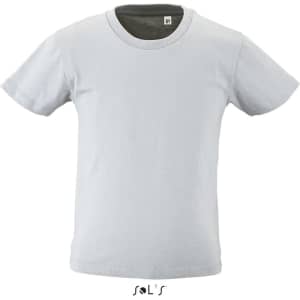 A light grey children's T-shirt with a round neck, made from 100% organically grown cotton and featuring a logo.