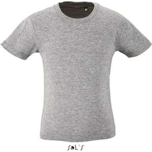 A grey round-neck T-shirt made from 100% organically grown cotton, featuring a logo.