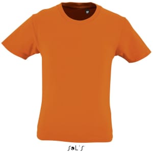 An orange kids' round neck T-shirt made from 100% organically grown cotton, featuring a logo.