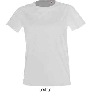 A women's round neck T-shirt in white with short sleeves, featuring a logo at the bottom.
