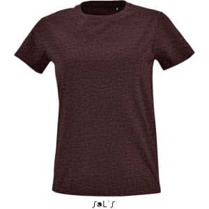 A burgundy women's round neck T-shirt. It has a logo at the bottom and short sleeves.