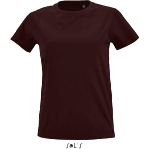 A women's round neck T-shirt in burgundy with a logo at the bottom.