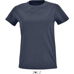 A women's round neck T-shirt in navy blue, featuring a short-sleeve design and a logo.